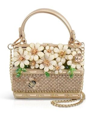 Mary Frances Basket of Sunshine Gold Floral Beaded Mini Top Handle Bag NWT